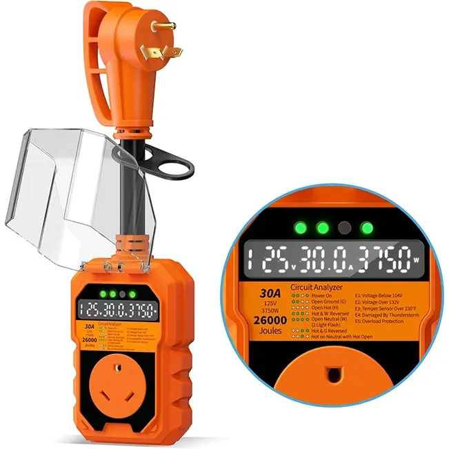 RV Surge Protector,26000 Joules,RV Voltage Protector Monitor Circuit Analyzer Power Guard, with waterproof Cover Anti-Theft Lock,ETL Certified
