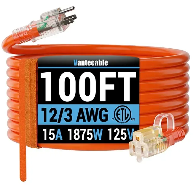 [6ft to 250ft] 12/3 Gauge Heavy Duty Outdoor Extension Cord, Waterproof with LED Lighted End,orange,ETL,flexible