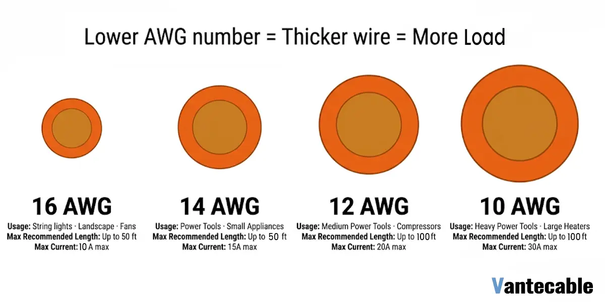 Diagram comparing 16, 14, 12, and 10 AWG extension cord wire gauges with cross-section sizes, amperage ratings, and recommended outdoor applications
