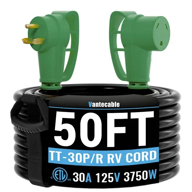 [15ft to 100ft] 10/3 Gauge RV Extension Cord,3 prong,125V,3750W,NEMA TT-30P to TT-30R,with Easy Grip Handle, Yellow/Green,Waterproof,ETL,flexible