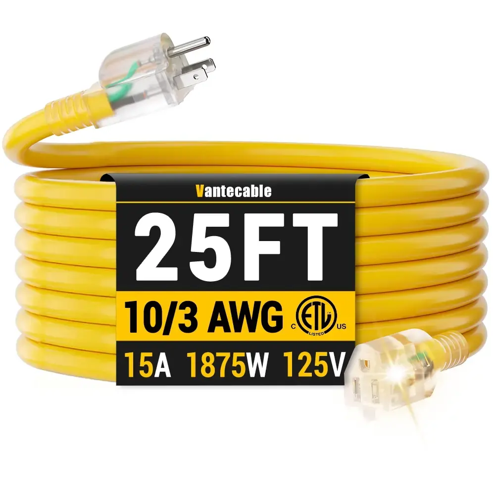 10/3 Gauge 100ft Ultra Heavy Duty Outdoor Extension Cord with LED Lighted Indicator,yellow,Waterproof,ETL,flexible