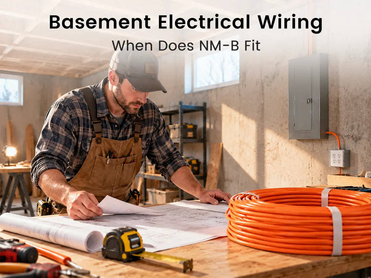 NM-B cable routed through framing in a dry unfinished residential basement.
