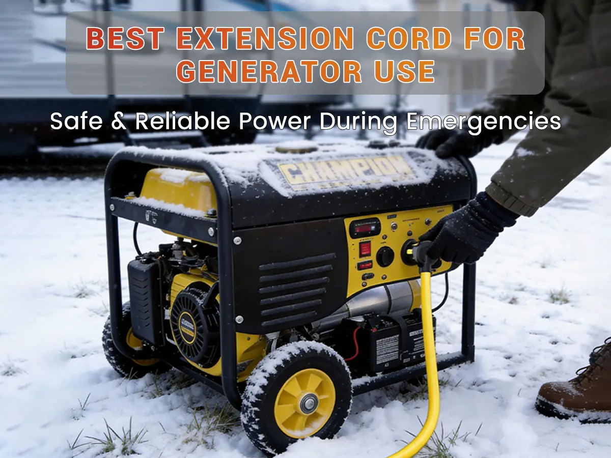 A 10/3 gauge outdoor extension cord connected to a generator providing safe emergency power to a home during a nighttime outage