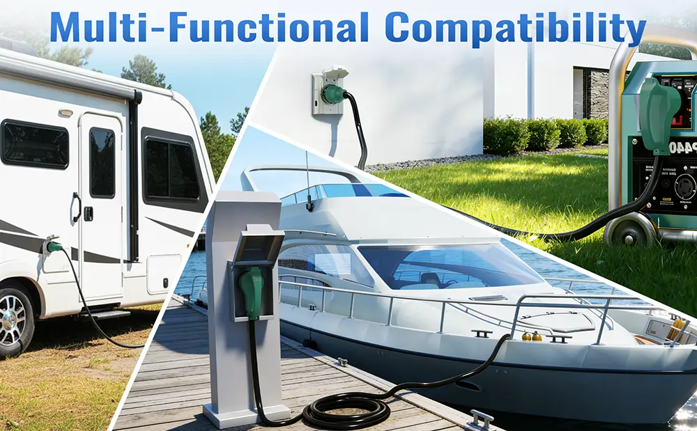 {"default":"Black 50 Amp 4 prong generator cord with green plugs for RV and marine use."}
