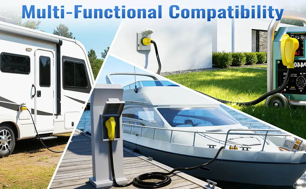 {"default":"Black 50 Amp 4 prong generator cord with bright yellow plugs for RV and marine use."}
