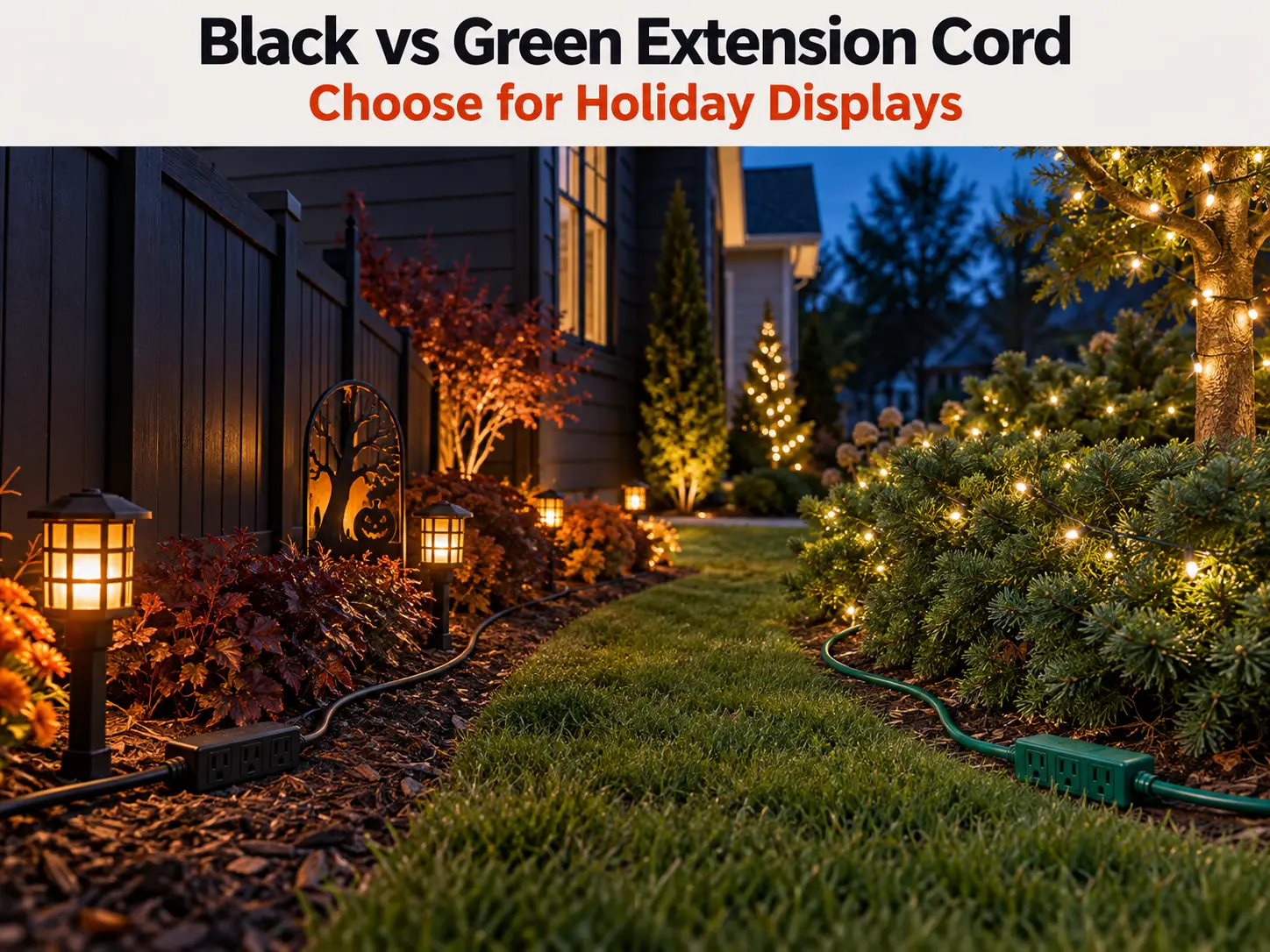Black extension cord along dark fencing and green extension cord beside evergreen shrubs in a holiday yard display