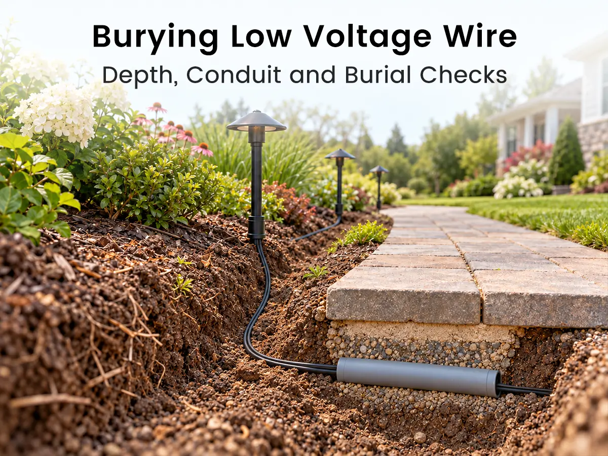 Low voltage landscape wire placed in a garden trench with conduit near hardscape
