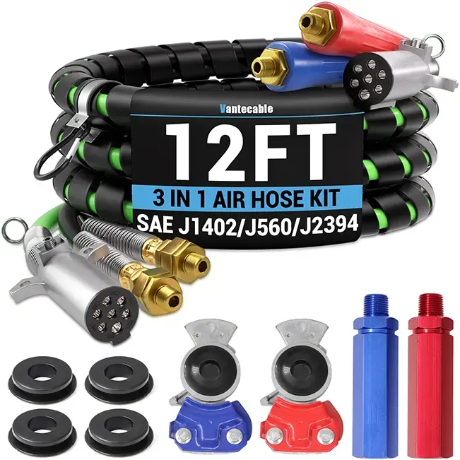 12FT Semi Truck Air Lines Kit with 2PCS Glad Hands, 3-in-1 Air Hoses & 7 Way ABS Electric Power Line, with 2PCS Gladhand Handles, 4PCS Seals and Tender Spring Kit for Semi Truck Trailer Tractor Vantecable
