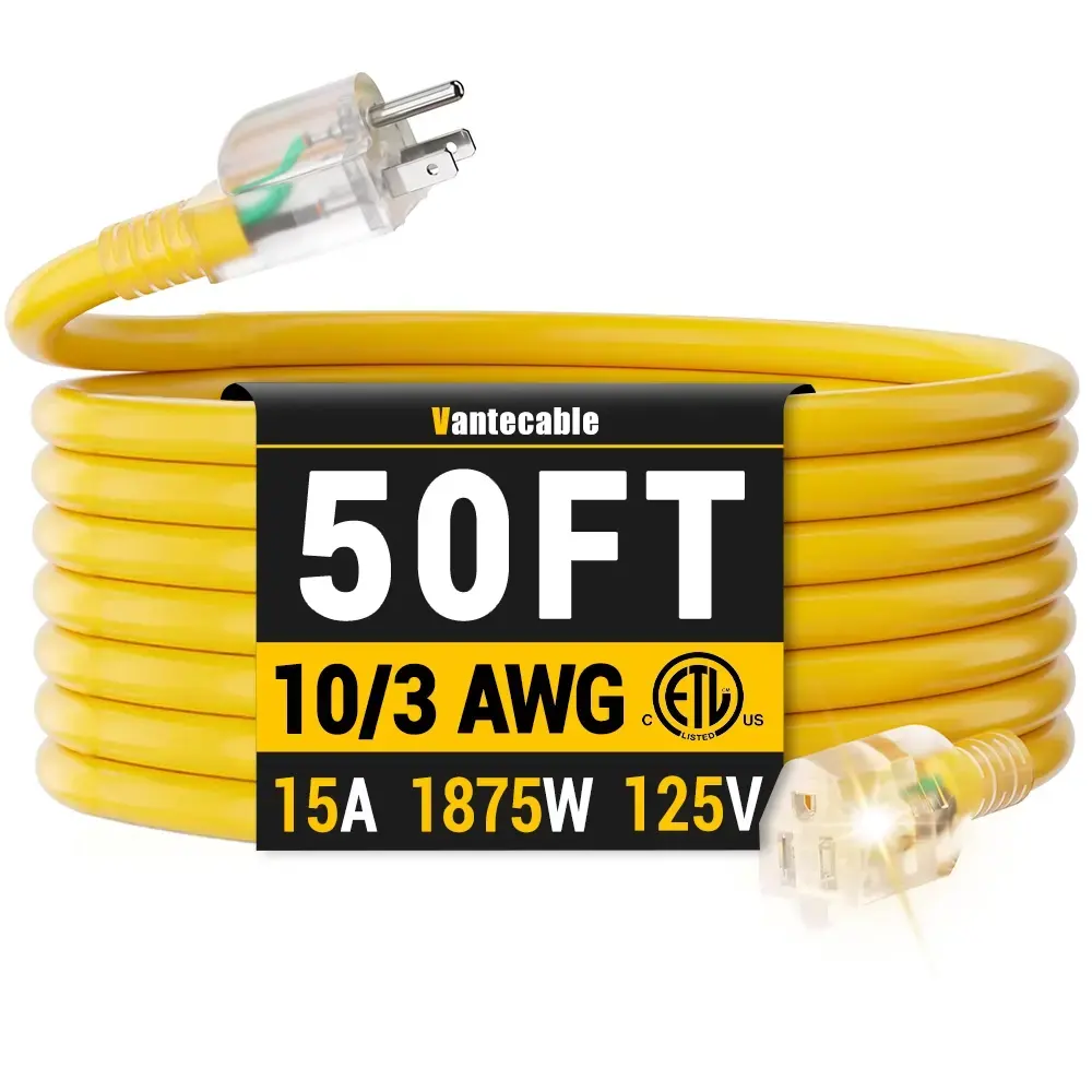 10/3 Gauge 100ft Ultra Heavy Duty Outdoor Extension Cord with LED Lighted Indicator,yellow,Waterproof,ETL,flexible