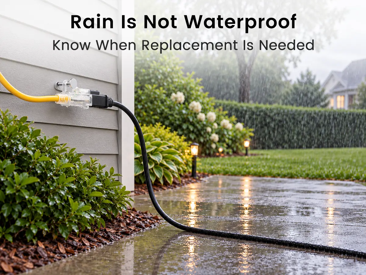 Yellow outdoor extension cord with rain droplets on its jacket and a protected elevated connector in wet weather.