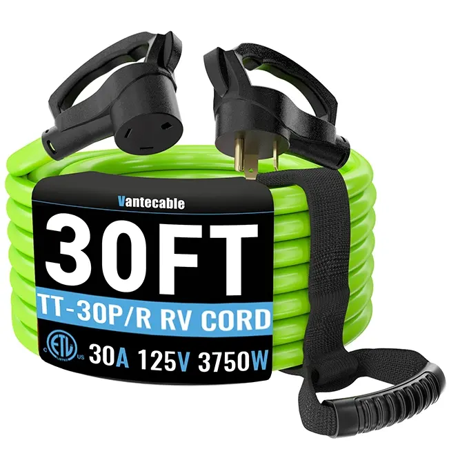 [30ft to 100ft] RV Extension Cord Outdoor with Grip Handle, 10/3 Gauge Flexible Heavy Duty RV Power Cord Waterproof, NEMA TT-30P to NEMA TT-30R, 10AWG 125V 3750W STW, Green-Black, ETL Listed