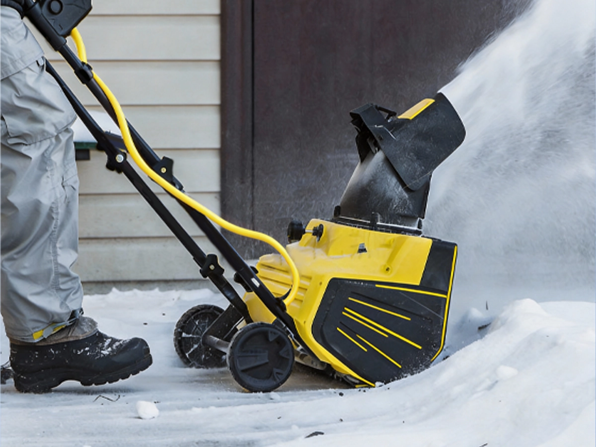 Vantecable cold weather extension cord being used with a snow blower in deep snow.