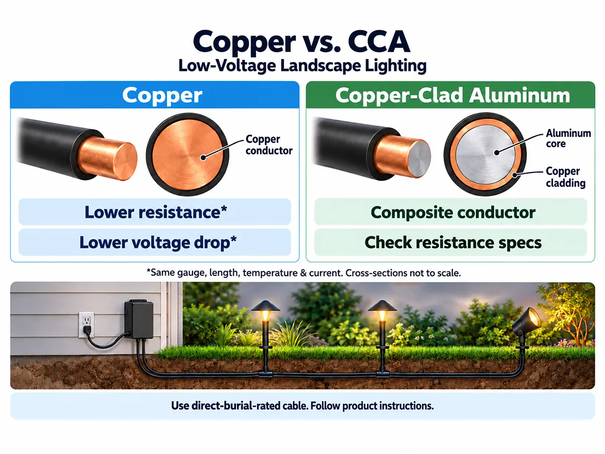 Copper vs CCA landscape wire comparison showing conductor material differences