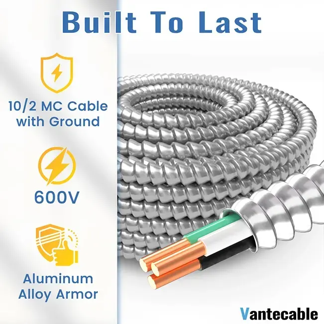 10 AWG MC Cable with Ground, 10 Gauge 2 or 3 Conductors Electrical Wire with Aluminum Armor, Solid Pure Copper Cable,UL Listed