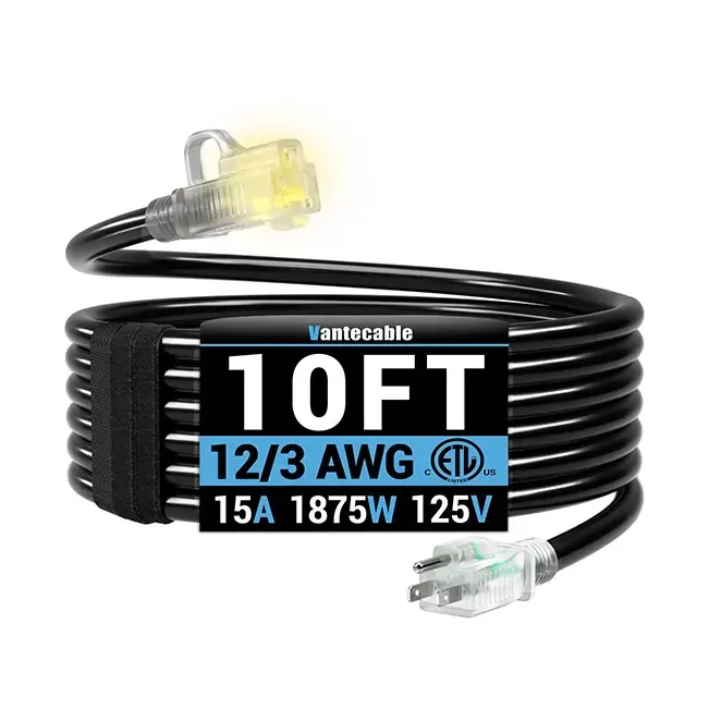 [10ft to 150ft] 12/3 Gauge Heavy Duty Outdoor Extension Cord, Waterproof with LED Lighted End,black,Waterproof,ETL,flexible