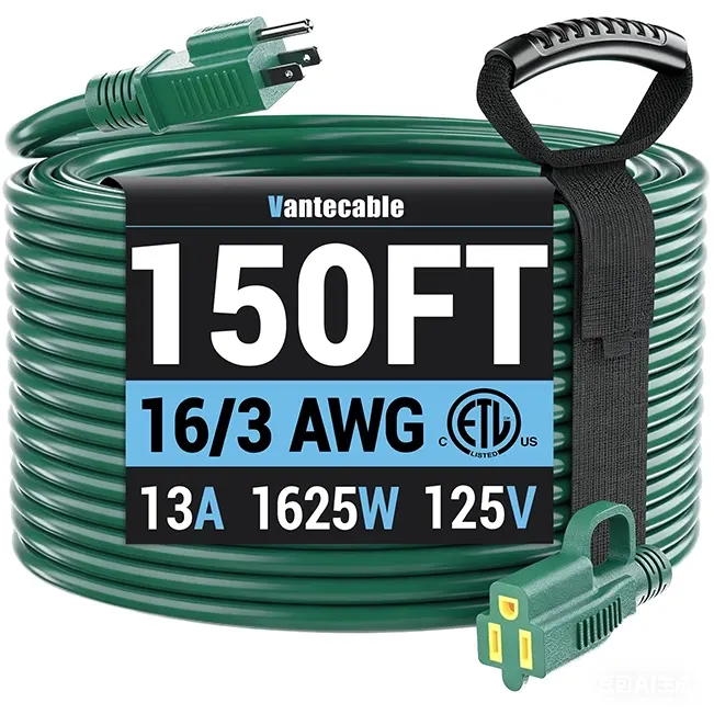 [10ft to 200ft] 16/3 AWG Indoor Outdoor Green Extension Cord,green,Waterproof,ETL,flexible