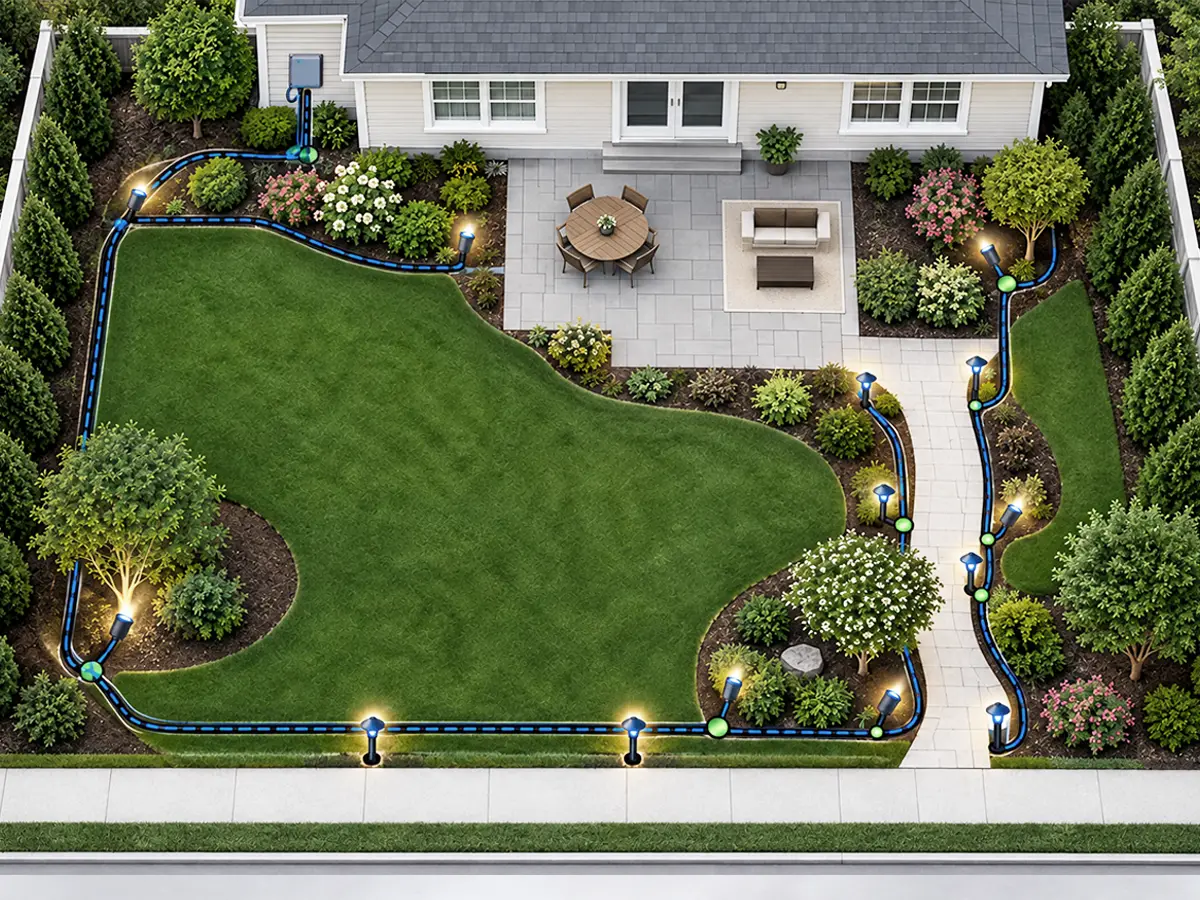 Direct burial landscape wire installation plan showing transformer, cable route and outdoor lighting fixtures