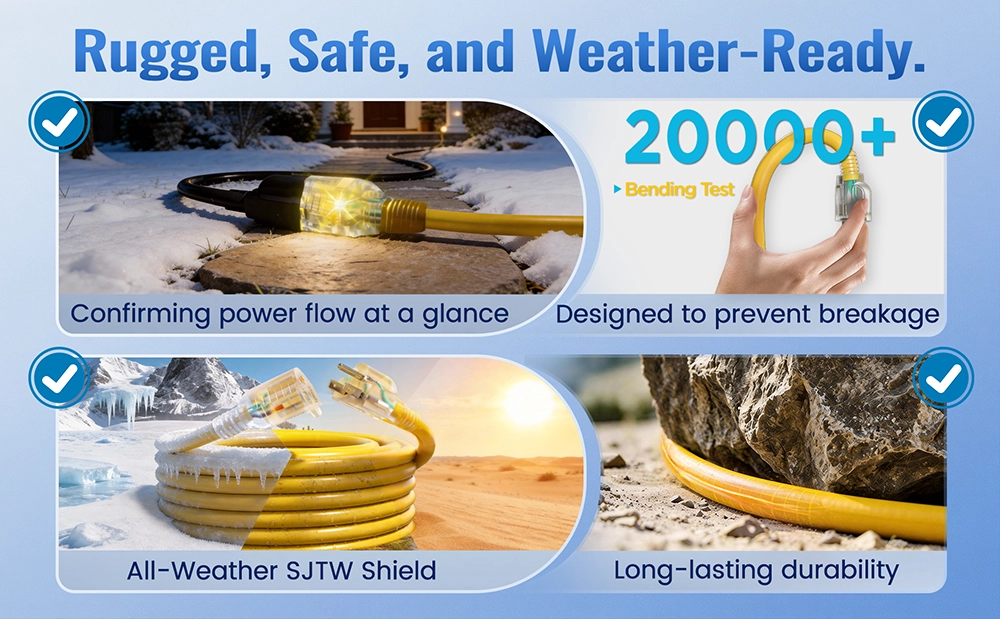 {"default":"Technical features of Vantecable cord showing LED indicator, bending test, and SJTW shield."}
