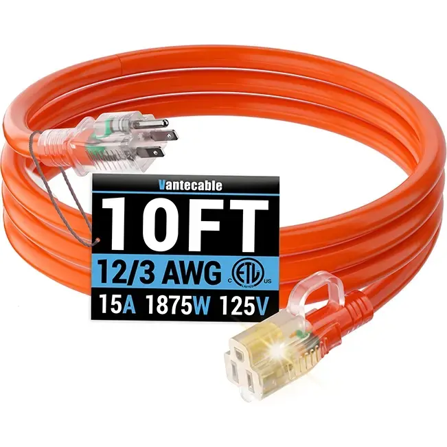 [6ft to 250ft] 12/3 Gauge Heavy Duty Outdoor Extension Cord, Waterproof with LED Lighted End,orange,ETL,flexible