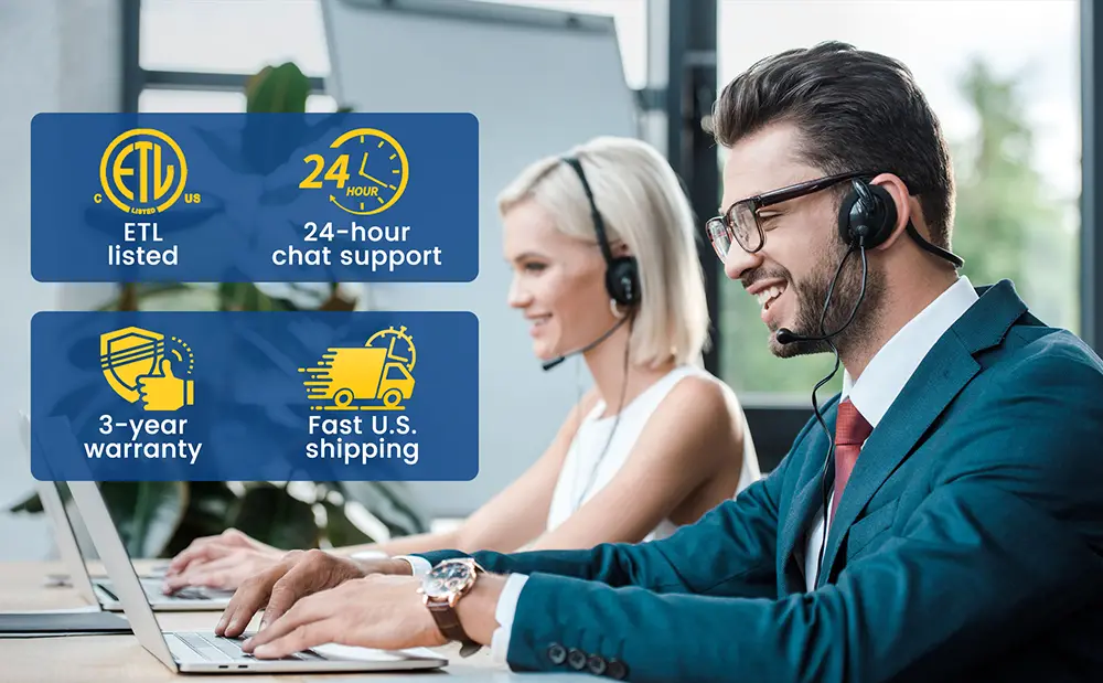 {"default":"ETL listed safety certification, 3-year warranty, and 24-hour U.S. customer support icons for Vantecable products."}
