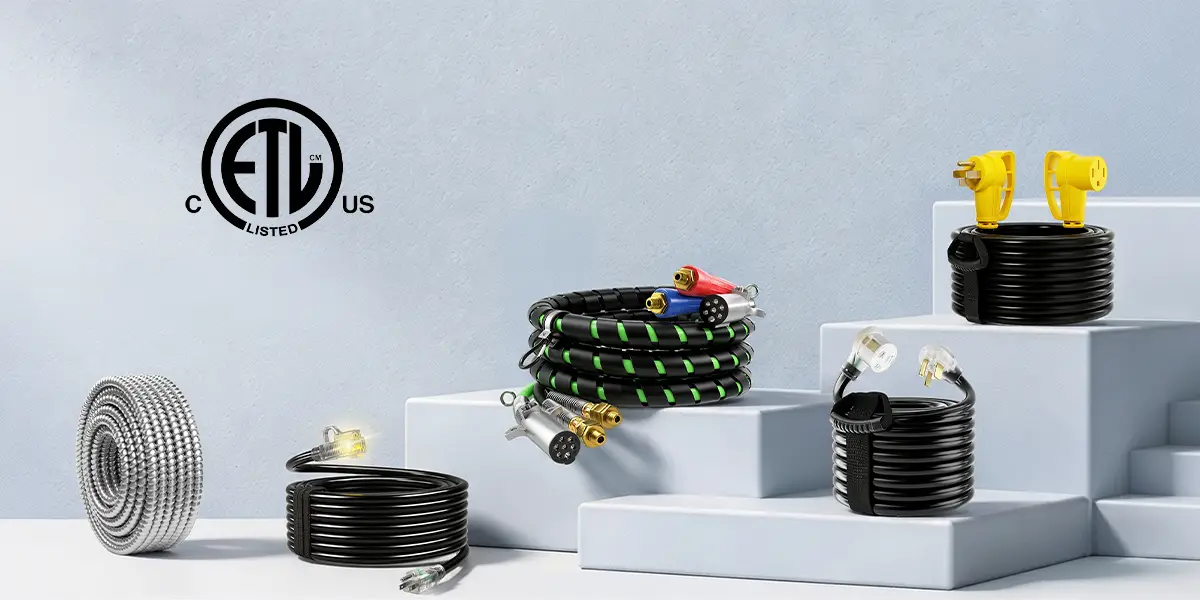 Vantecable outdoor extension cord showing ETL Listed, UL Listed, and SJTW certification markings with labeled callouts