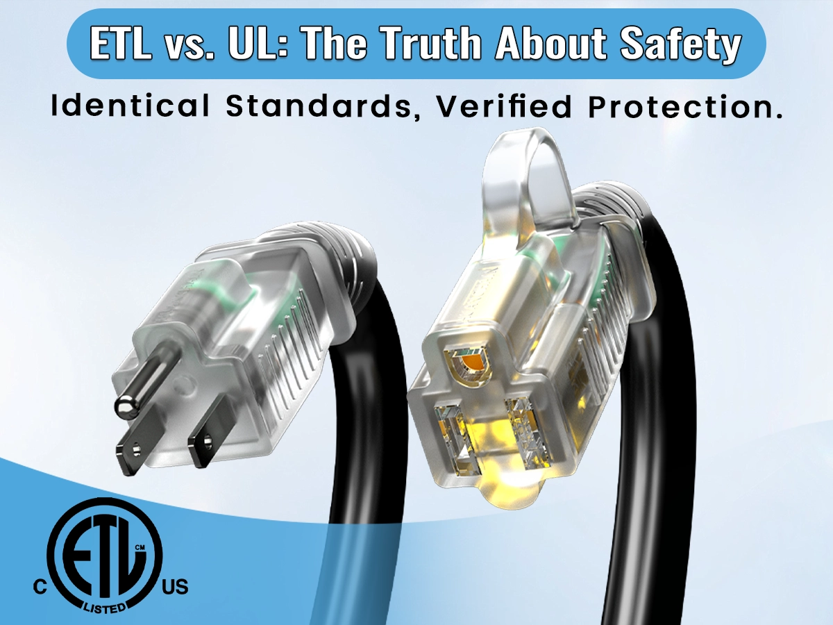 Vantecable professional heavy-duty extension cord with transparent plug highlighting ETL vs UL safety standards and verified protection.