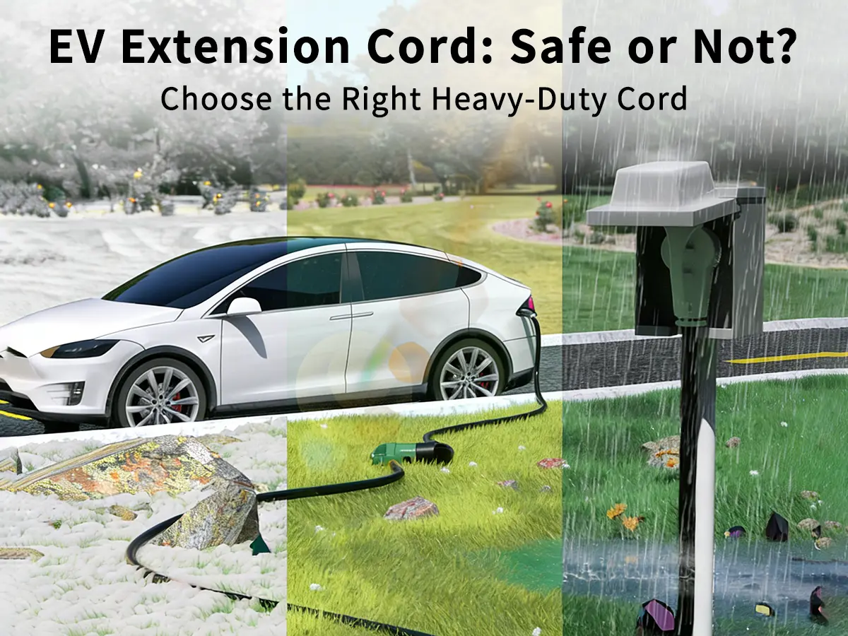 A heavy-duty Vantecable EV extension cord connects a Tesla Model 3 to a NEMA 14-50 outlet, illustrating the blog guide on choosing safe 10 AWG and 12 AWG charging solutions.