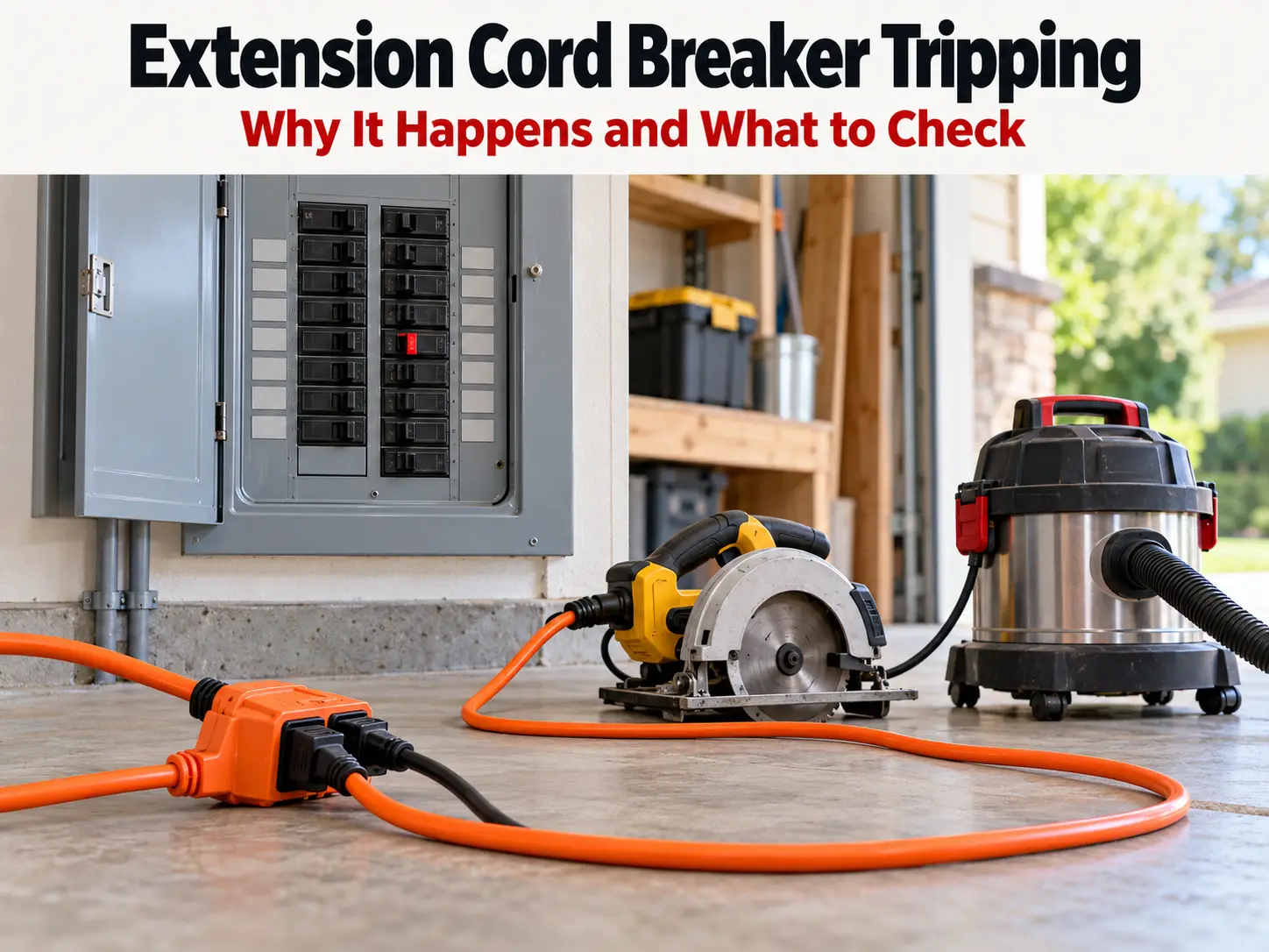 Extension cord powering multiple tools beside a tripped circuit breaker panel