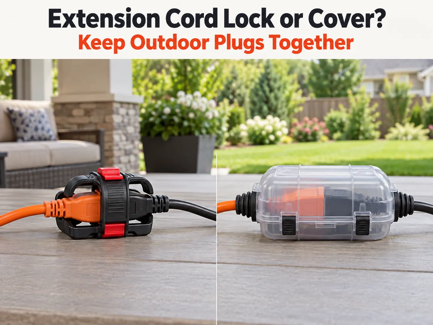 Extension cord lock and outdoor plug connection cover shown side by side holding connected plugs together