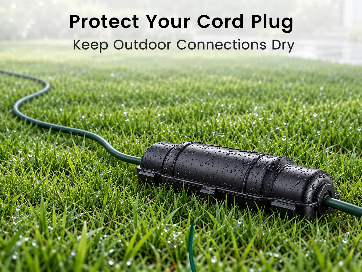 protected outdoor extension cord plug connection inside a weatherproof cover