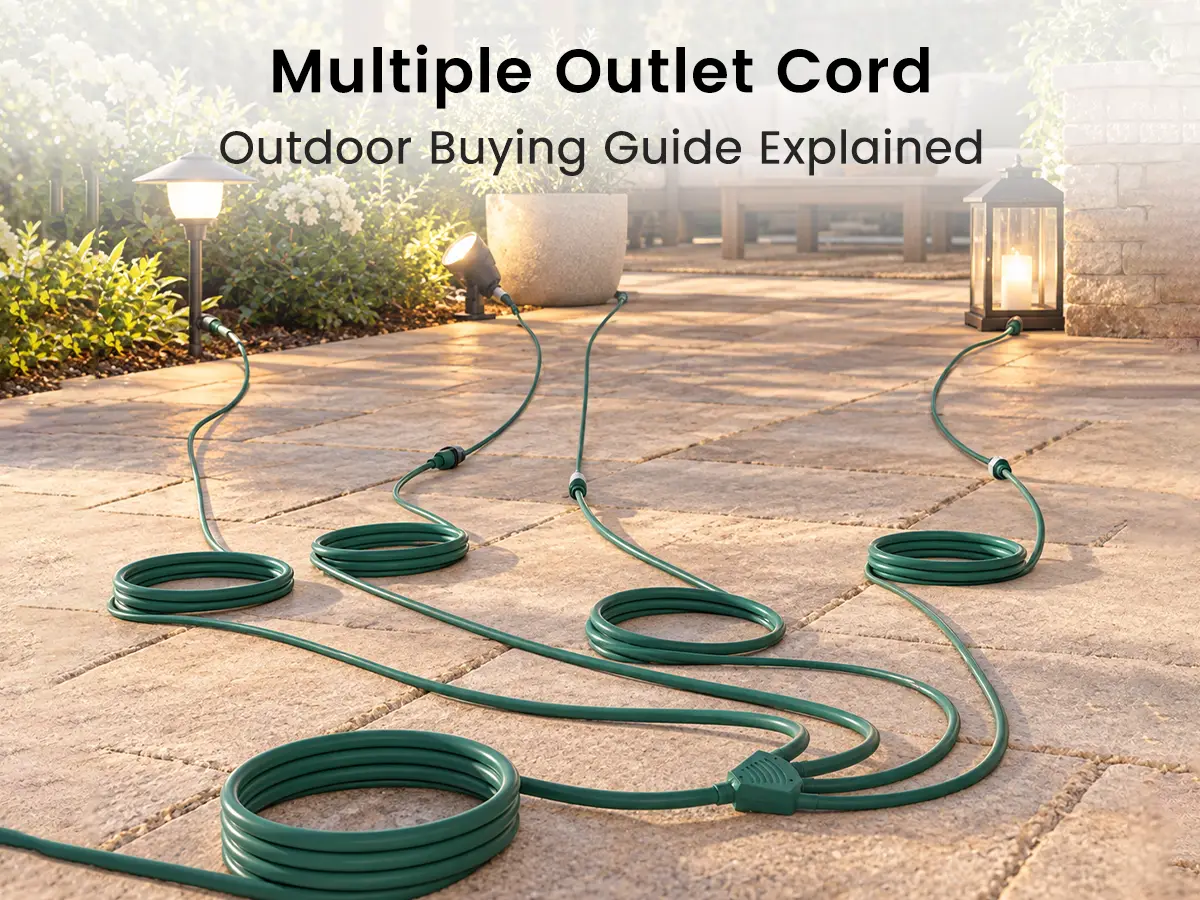 green multi-outlet outdoor extension cord powering patio lights in a backyard