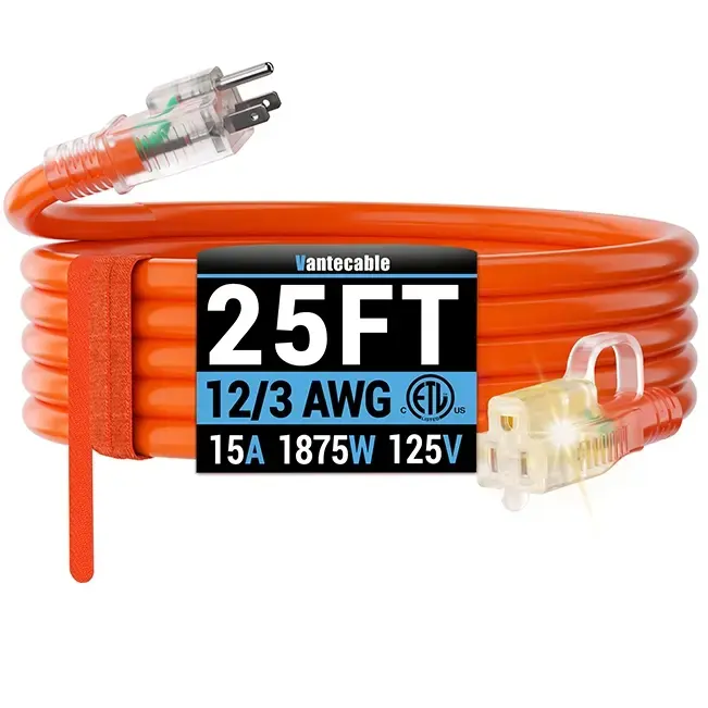 [6ft to 250ft] 12/3 Gauge Heavy Duty Outdoor Extension Cord, Waterproof with LED Lighted End,orange,ETL,flexible