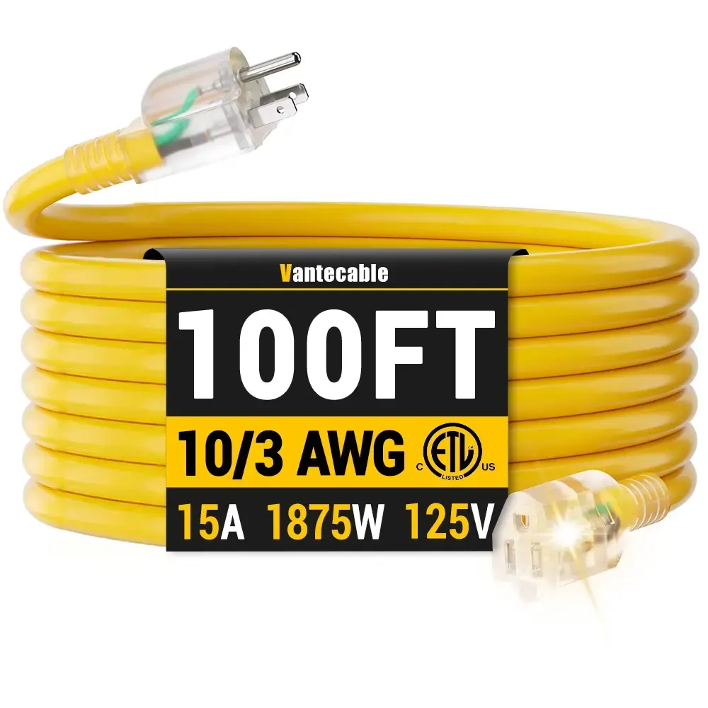 10/3 Gauge 100ft Ultra Heavy Duty Outdoor Extension Cord with LED Lighted Indicator,yellow,Waterproof,ETL,flexible