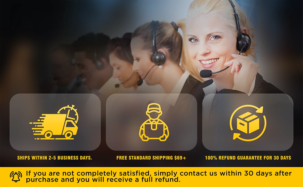 {"default":"Customer service team highlighting fast 2-5 day shipping and 30-day full refund guarantee."}
