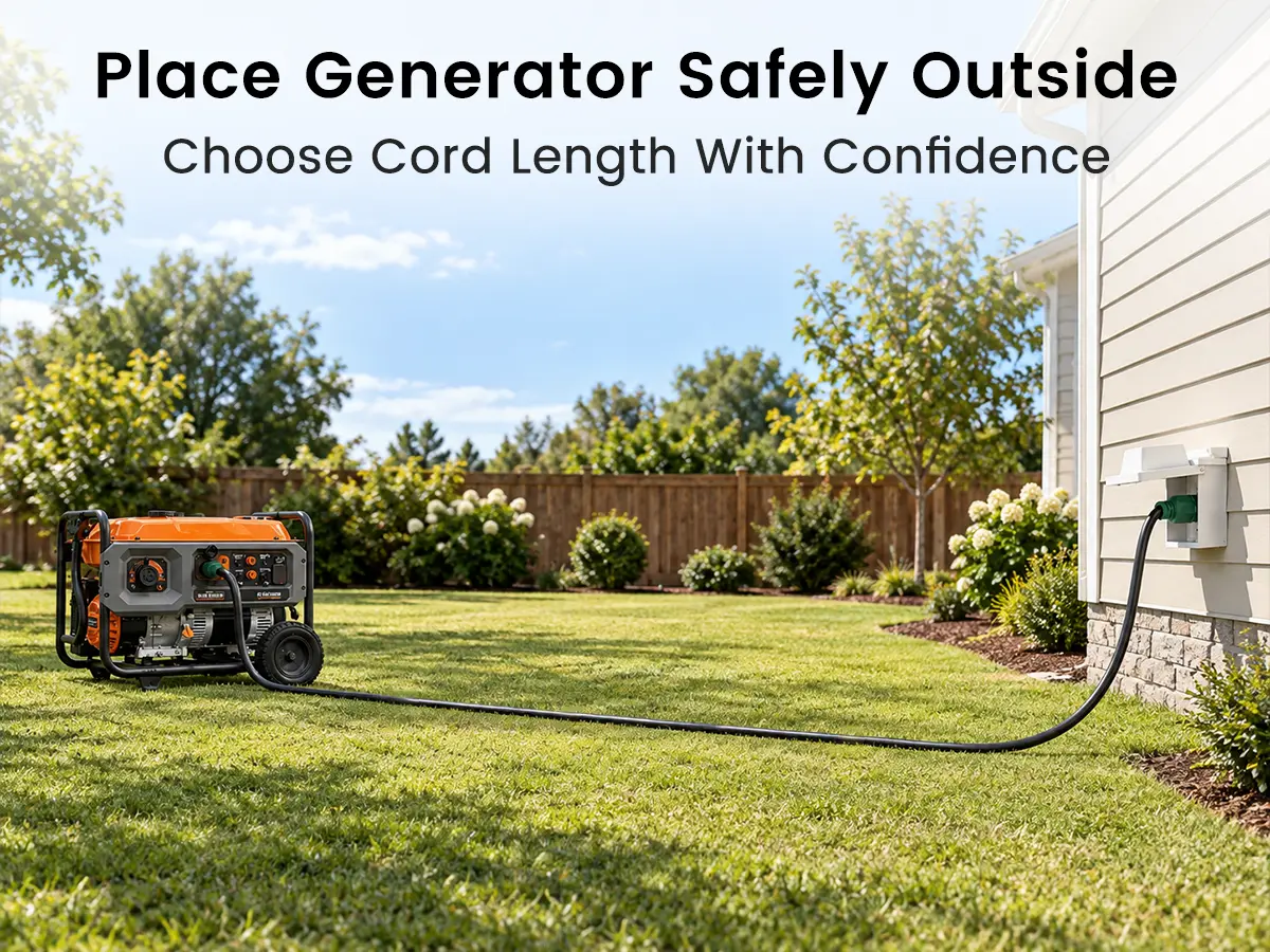 Portable generator placed outdoors at a safe distance from a house with a heavy-duty cord routed to an exterior inlet box.