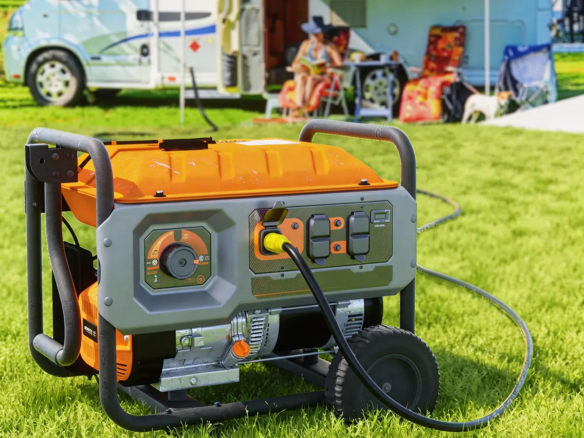 Close up of NEMA locking plug on 10 gauge generator extension cord for safe home emergency power