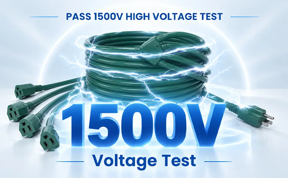 Green multi-outlet extension cord coiled for 1500V high-voltage testing
