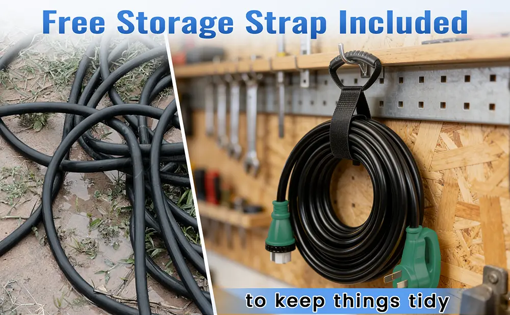 {"default":"Coiled black 50 amp extension cord with green plugs and a heavy-duty carrying strap."}
