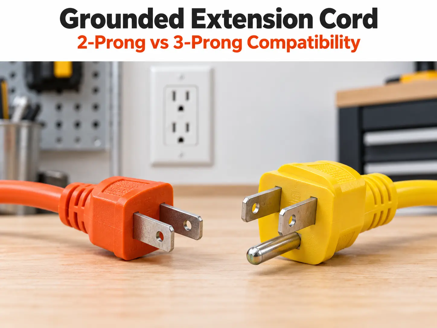 Two-prong and grounded three-prong extension cord plugs shown side by side for compatibility comparison