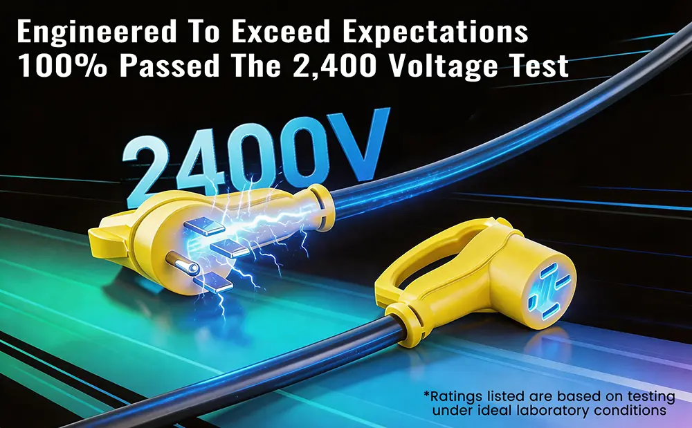 {"default":"Heavy-duty 50 Amp RV extension cord undergoing 2400V high voltage safety test for maximum durability."}
