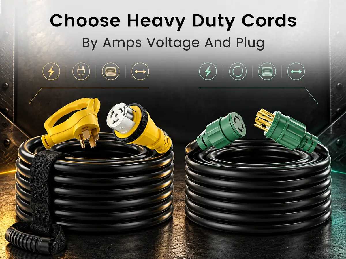 Heavy-duty 30 amp and 50 amp generator cords with different plug types arranged on an industrial background.