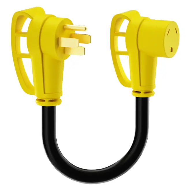 A yellow heavy-duty dogbone adapter cord with ergonomic pull handles for RV power connection.