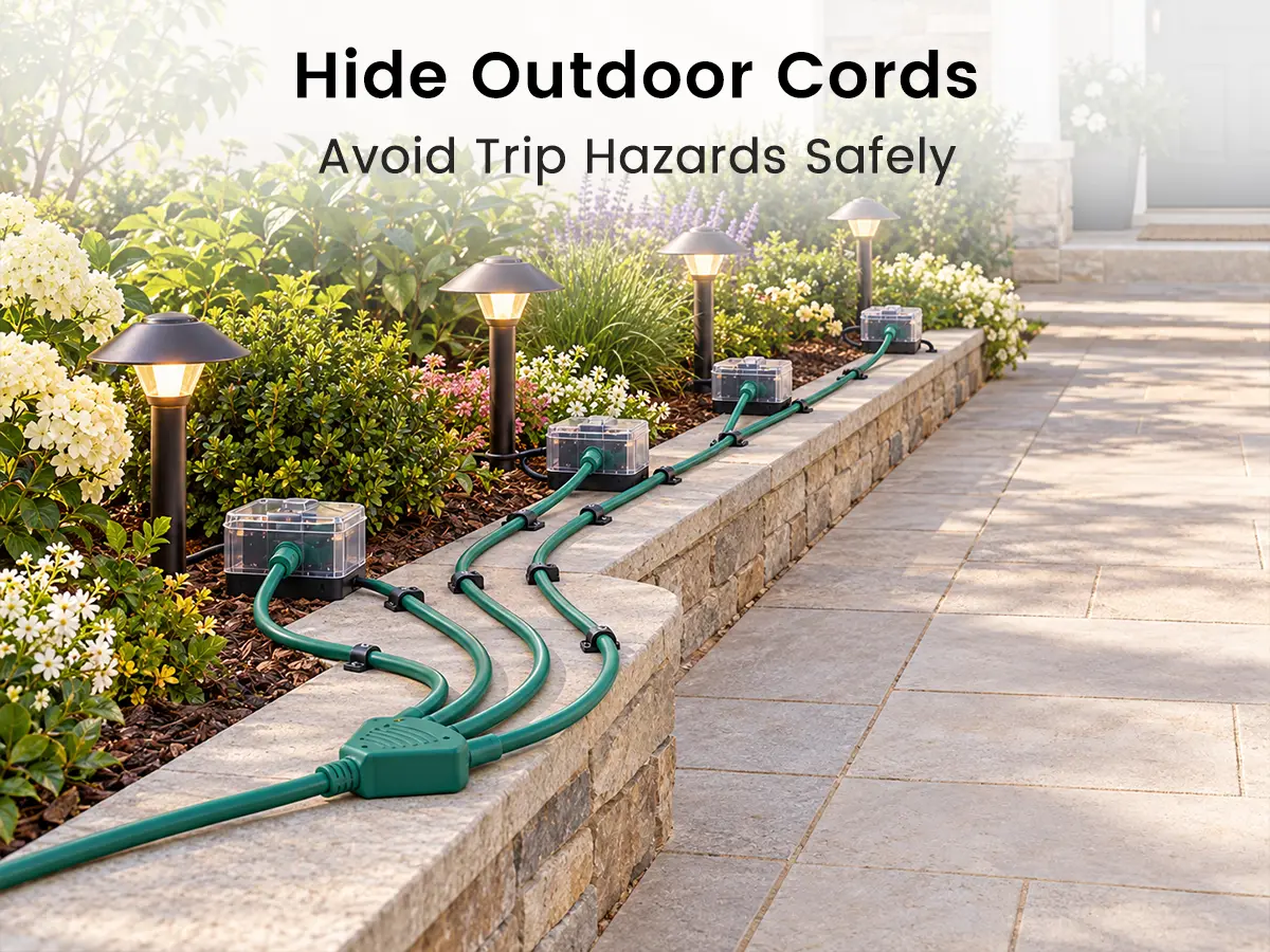 outdoor extension cord routed along a patio edge to avoid a trip hazard