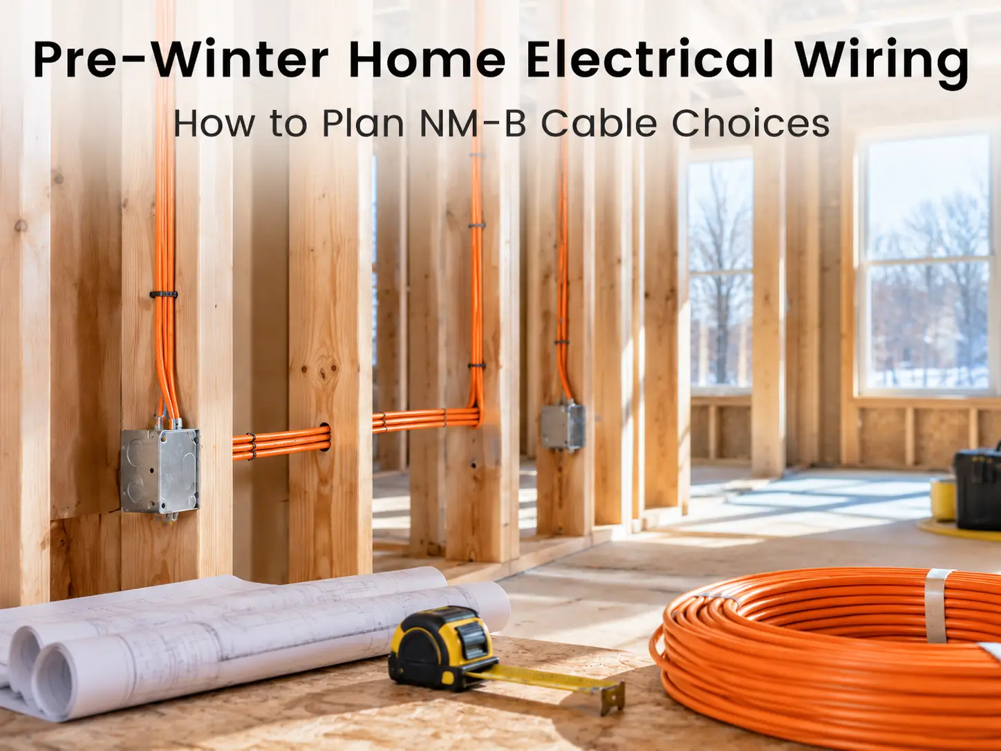 NM-B cable and measuring tools in a dry indoor residential framing area before winter.