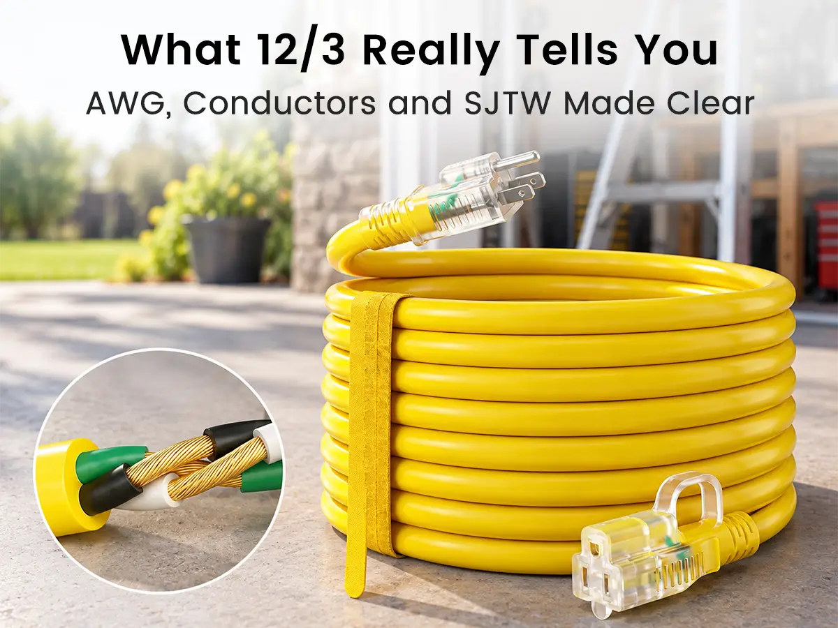 Yellow 12/3 outdoor extension cord with grounded connectors and a cutaway showing three 12 AWG conductors inside the SJTW jacket.