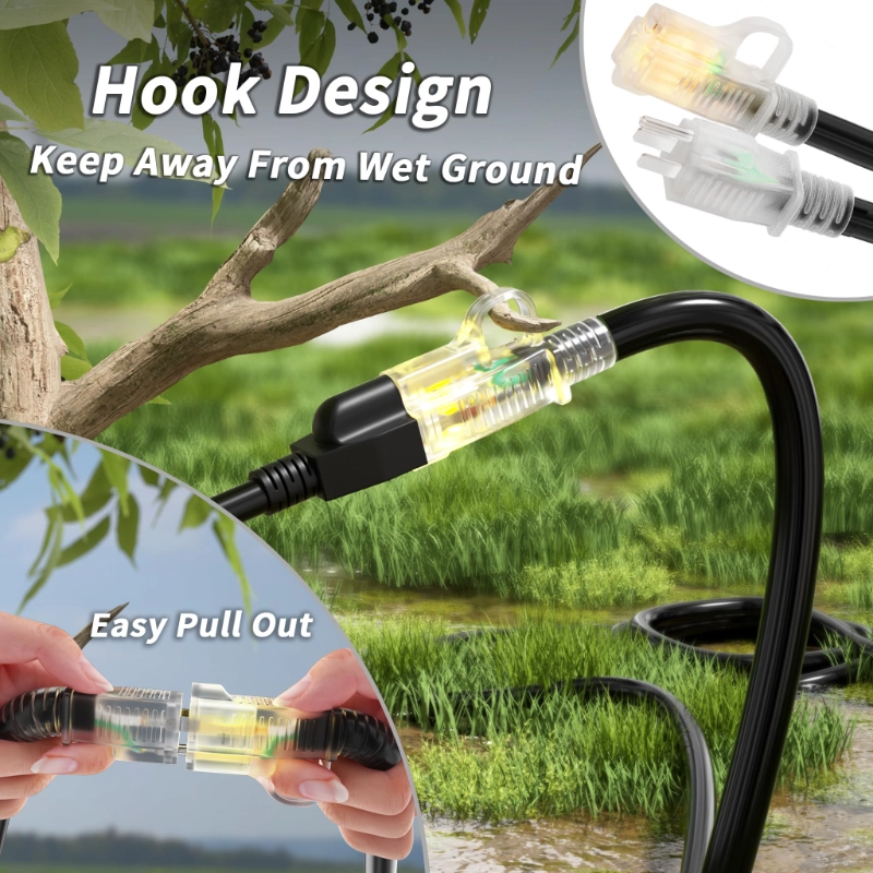 16/3 Gauge Black Outdoor Extension Cord 50 ft Waterproof with Lighted Indicator-Vantecable