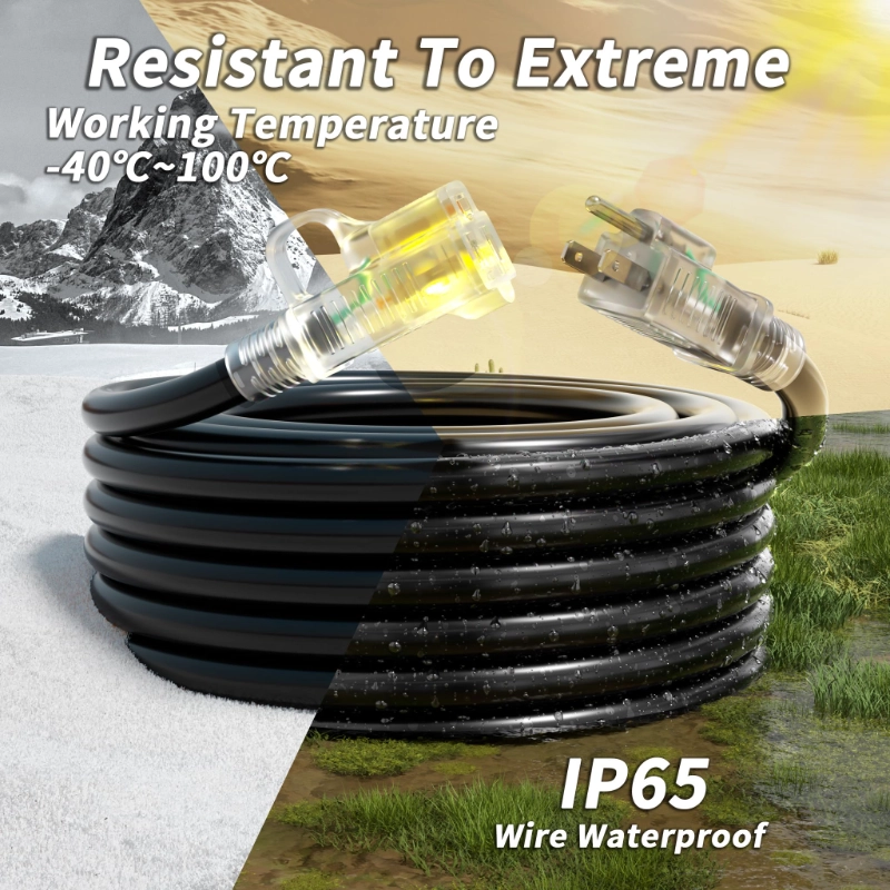 16/3 Gauge Black Outdoor Extension Cord 50 ft Waterproof with Lighted Indicator-Vantecable