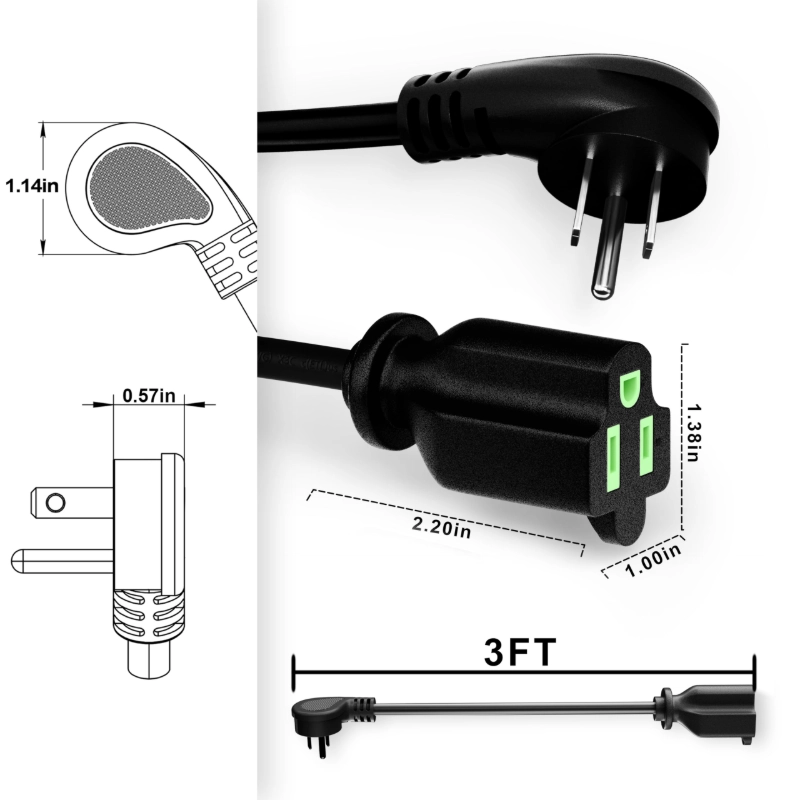 3 Pack 3 Foot Flat Plug Extension Cord Black, 14/3 Gauge Indoor Short Extension Cable-Vantecable
