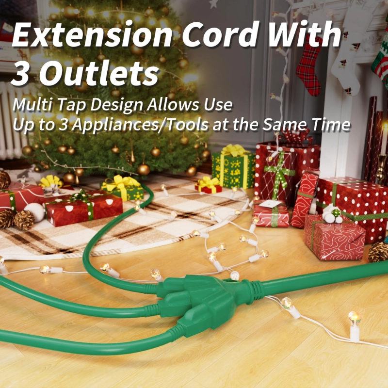 10 FT 16/3 Green Outdoor Extension Cord with Multiple Outlets, 13A 1625W 16AWG SJTW, ETL Listed-Vantecable