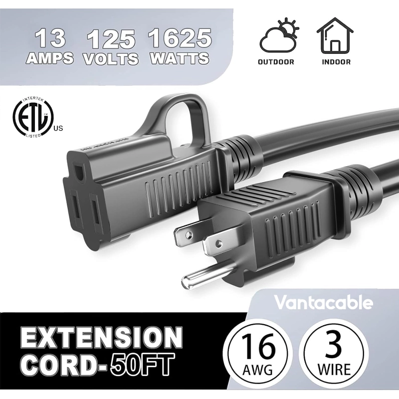 Outdoor Black Extension Cord 50 ft Waterproof,ETL Listed-Vantecable